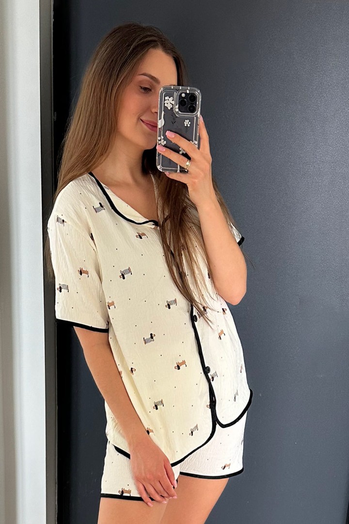 Damenpyjamas mit Hunden und Punkten mit kurzen und langen Hosen