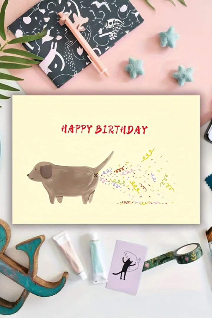 Geburtstagskarte mit Hund und Konfetti "Happy Birthday"