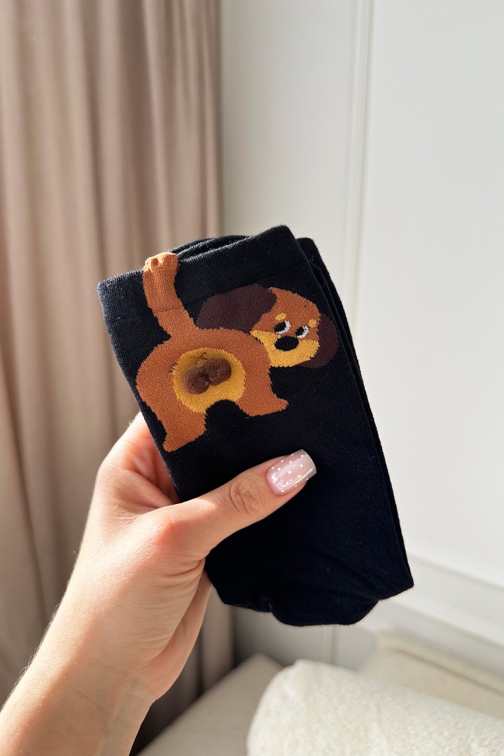 Schwarze Socken mit Hund und 3D-Eiern – ein Geschenk für Hundeliebhaber und Hundefreunde
