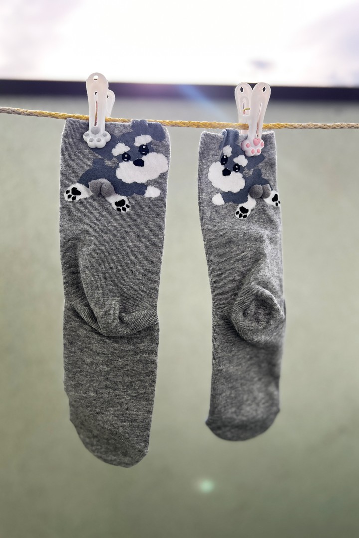 Graue Socken mit Schnauzer + 3D-Eier – eine Geschenkidee für Hundeliebhaber